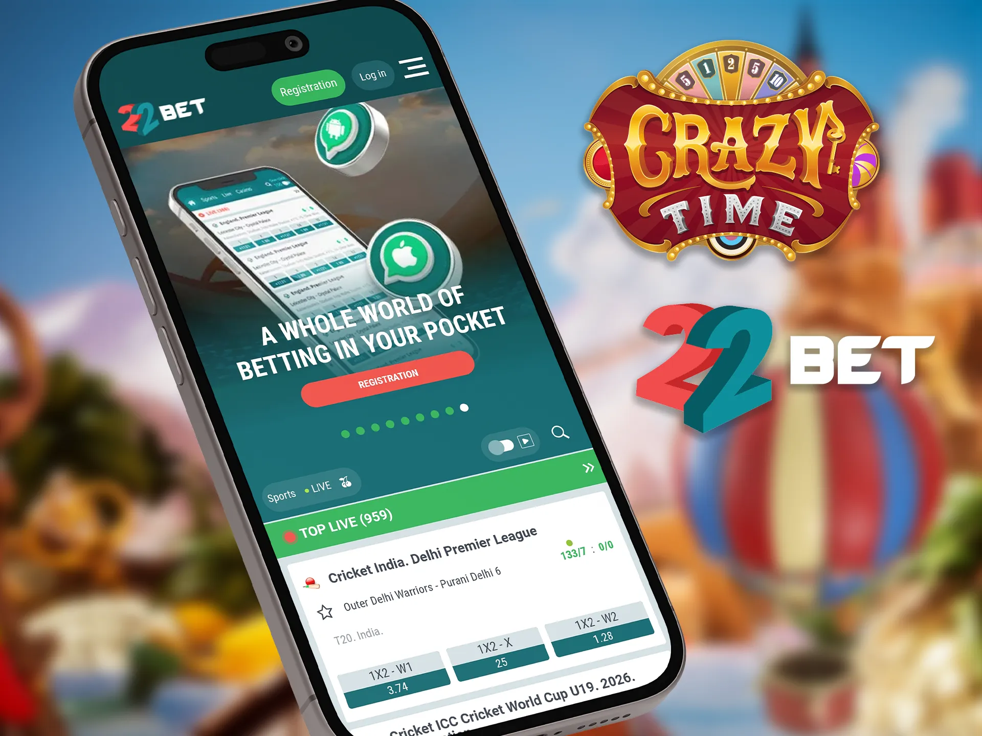 Register with 22bet and play Crazy Time anytime on your mobile.