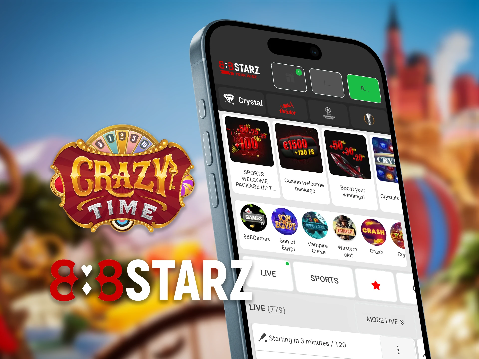 Register at 888starz and start playing Crazy Time on your mobile device.