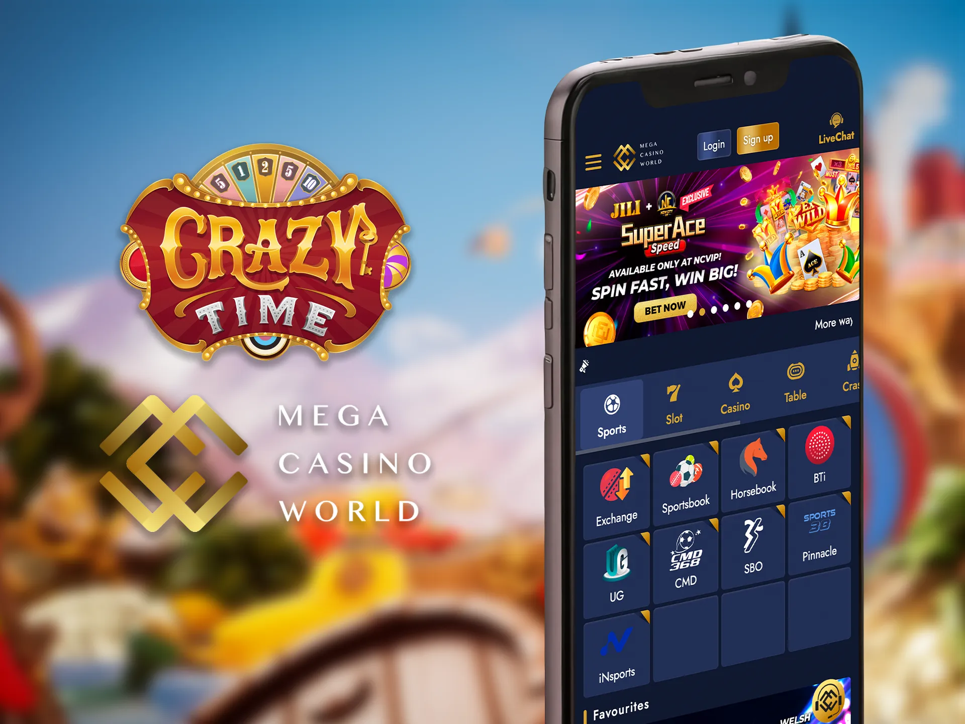 Immerse yourself in the exciting world of Crazy Time on Mega Casino World right from your phone.